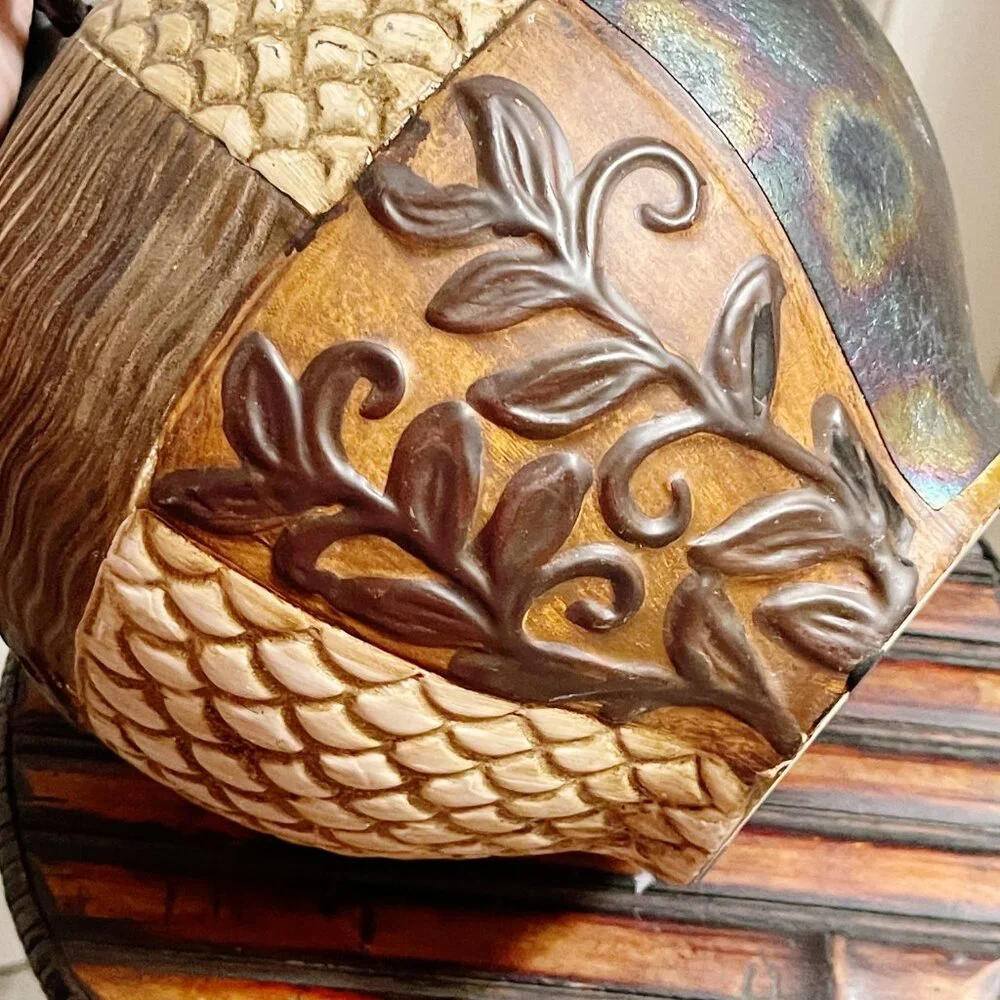 Pier 1 Vase Tan Turquoise Blue Multi Color Texture Pattern Ceramic Metal Unique!